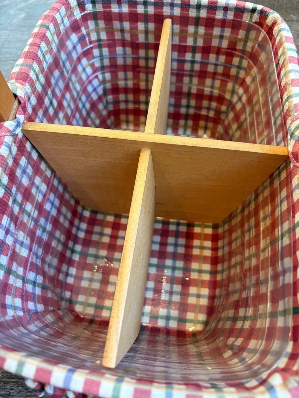 Longaberger Woven Basket Red/White Plaid Liner Wooden Divider & Protector 2000